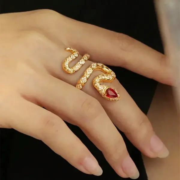 Wholesale Women’s Snake Open Ring With Claw Setting, Copper Base With KC Golden Water Plating, Featuring Zircon Inlay
