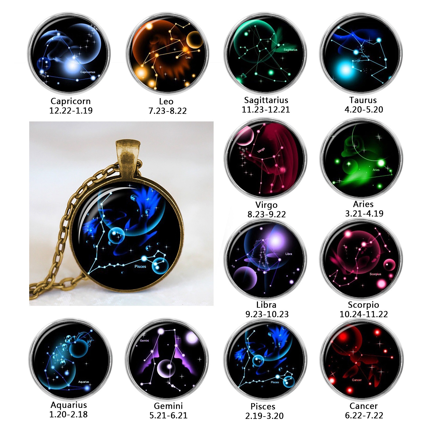 Wholesale Hot Selling European and American Cross-Border Jewelry Twelve Constellations Time Gemstone Necklace Factory Direct Sale