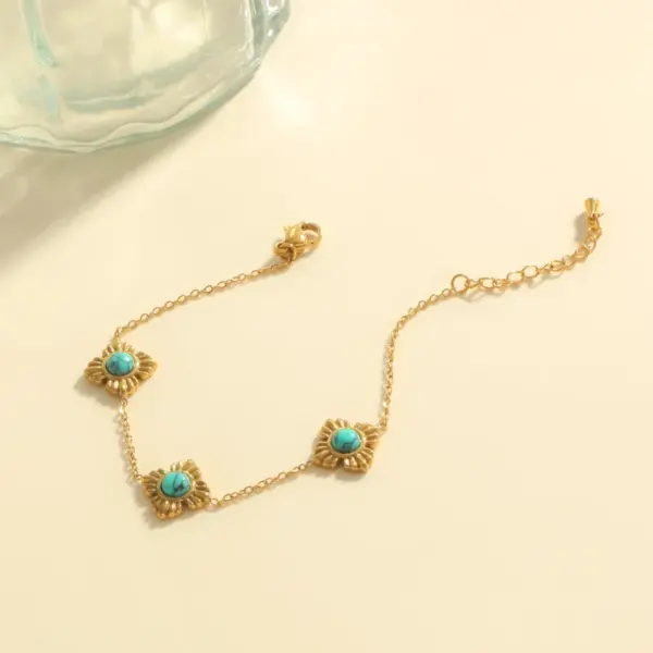 Wholesale 1-piece Gold Stainless Steel Vintage Flower Turquoise Women's Fashion Bracelet Suitable For Party Banquet Daily Wear Gift Jewelry