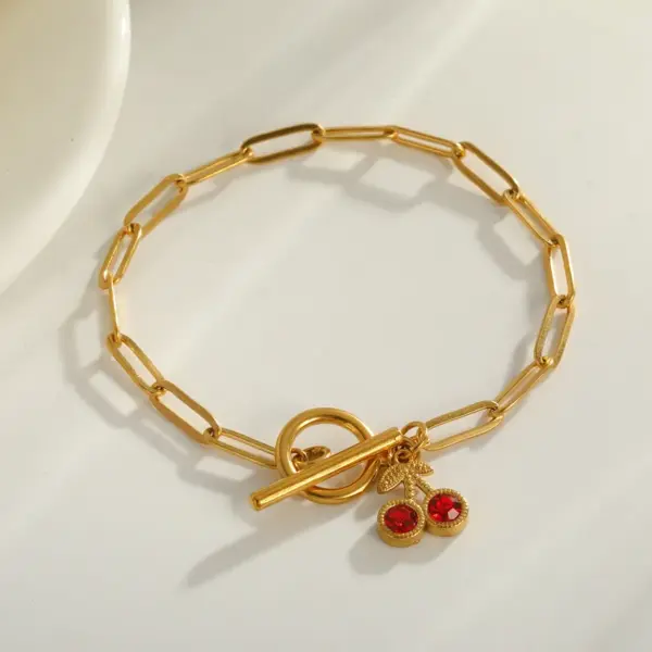 Wholesale Vacuum Electroplating (In Furnace) Plated 18K Real Gold Cherry Zircon 201 Stainless Steel 304 Stainless Steel Women's Bracelet