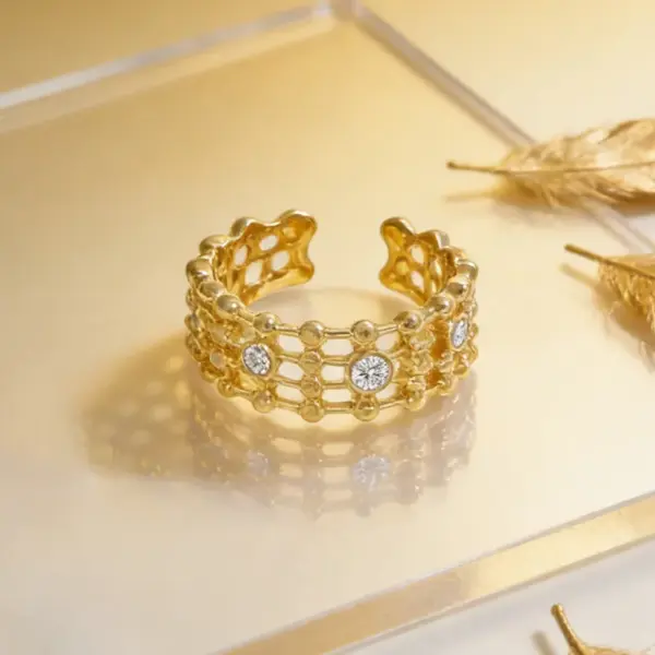 Wholesale Geometric Three-dimensional Open Ring For Unisex, 18K Real Gold Plated With Electroplating, Copper Base And Zircon Inlay