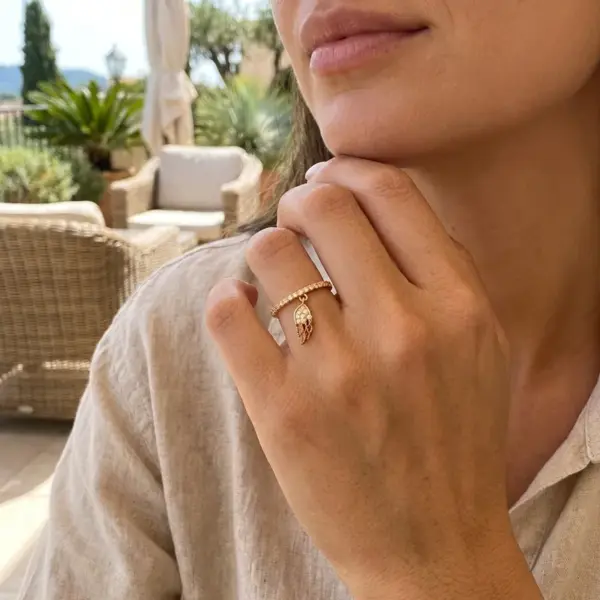 Wholesale Feather Pattern Women’s Ring With Bezel Setting, Copper Base With KC Golden Water Plating And Zircon Inlay
