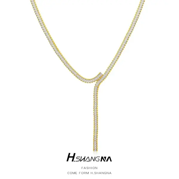 Wholesale Women’s Long Snake Chain Necklace With Tassel Craft, Electroplated Copper Featuring Zircon Inlay