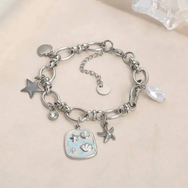 Wholesale Stainless Steel Marine Element Bracelet Shell Starfish Pearl Pendant Bracelet Vintage Art Fashion Bracelet