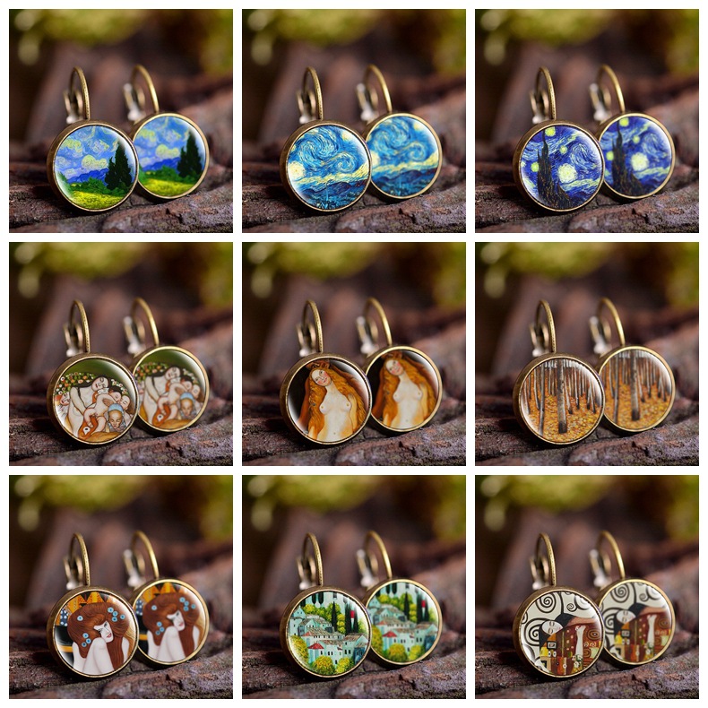 Wholesale Van Gogh's Painting Time Gemstone Earrings Ear Hooks European and American French Hook Women's Earrings