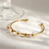 Wholesale Asymmetrical Round Bangle For Women, 304 Stainless Steel With 18K Gold Plated And PVD Coated Finish, Artificial Pearl Inlay