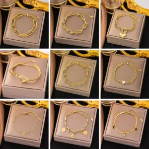 Wholesale PVD Coated Real Gold Plated 18K Gold Heart Shape Grain 304 Stainless Steel Streetwear Waterproof Non Tarnish 304 Stainless Steel Lobster Trigger Clasp Closure Bracelets