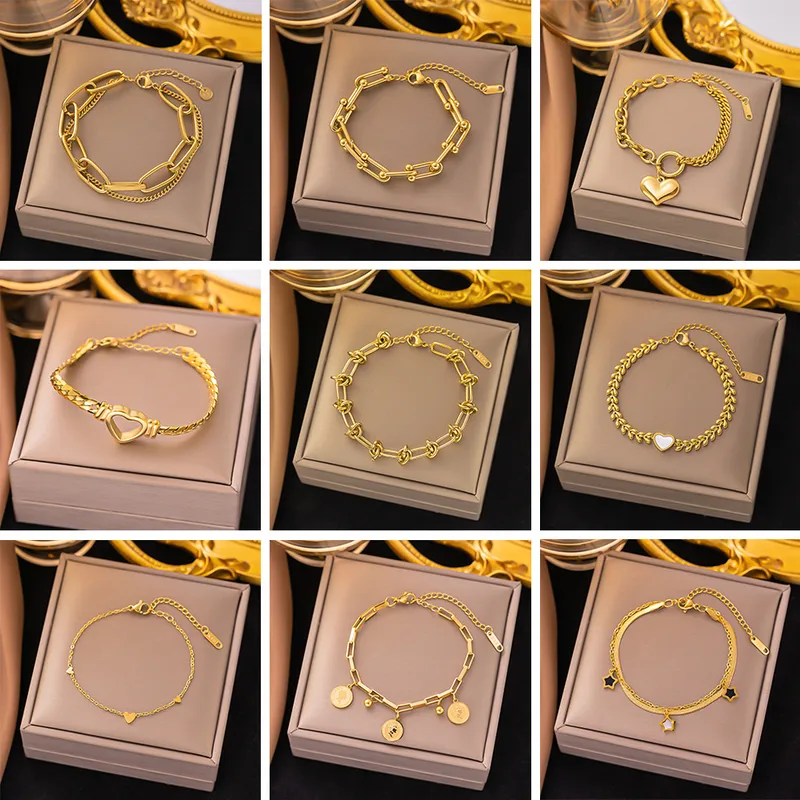 Wholesale PVD Coated Real Gold Plated 18K Gold Heart Shape Grain 304 Stainless Steel Streetwear Waterproof Non Tarnish 304 Stainless Steel Lobster Tri