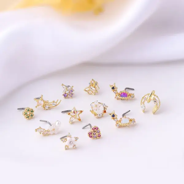 oly-5760ff8ffcb619d9671130f26c914104 Wholesale 316L Stainless Steel Copper Zircon Nose Rings & Studs Flower Waterproof Non Tarnish Surgical Steel Women'S