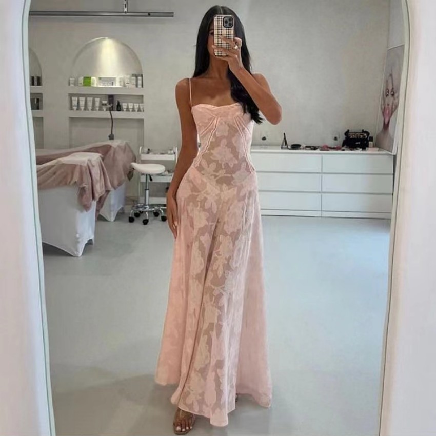 Wholesale European and American Style 2023 Summer New Fashion Sexy Perspective Seaside Vacation Slim-fit Slip Dress Floral dress