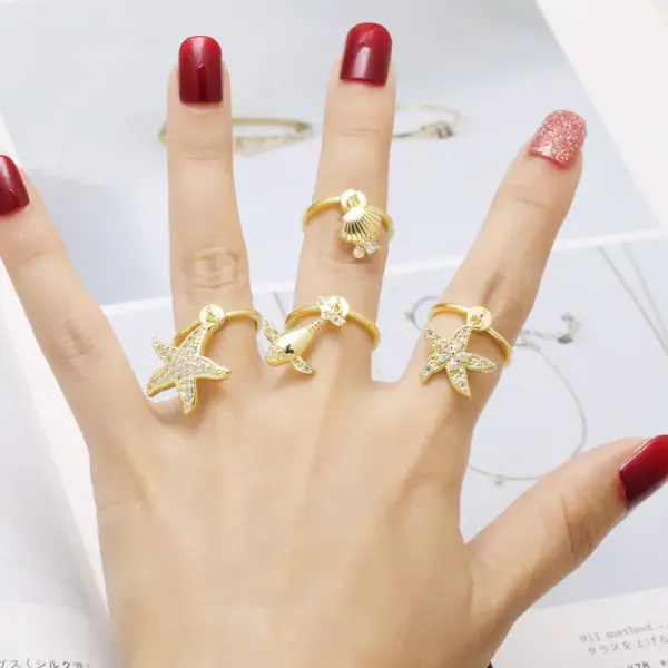 Wholesale AS Jewelry Hot Sale Full Zircon Copper Plated 18k Gold Ocean Style Starfish Whale Ring Rin82