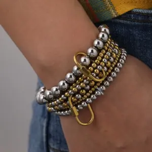 Wholesale Stainless Steel 18K Gold Plated Multi-Layer Beaded Elastic Rope Bracelet Casual Everyday Date Selfie Festival Geometric Pattern