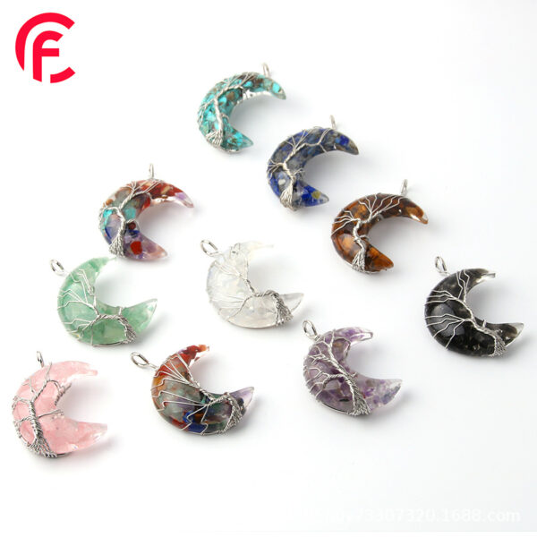 oly-57e9950279b3988ddaecd1419d3cb255 Wholesale Natural Stone Crystal Moon Winding Line Life Tree Gravel Pendant with Resin Stainless Steel Chain Teeth Necklace Jewelry