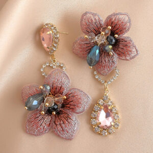 Wholesale Silver Needle Vintage Asymmetric Diamond-encrusted Fabric Flower Earrings Fashion French Elegant High-grade Earrings for Women