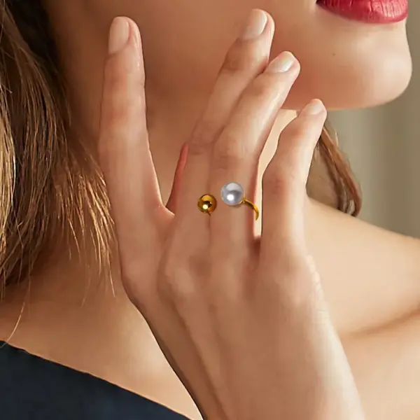Wholesale Women'S 304 Stainless Steel PVD Coated 18K Gold Plated Plating Inlay Round Artificial Pearls Open Ring Imitation Pearl Jewelry