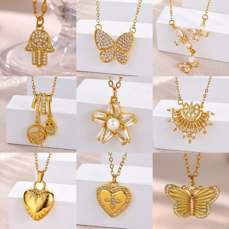 Wholesale Three-dimensional Palm Pendant Necklace For Women With 18K Real Gold Plated Copper And Zircon Inlay, PVD Coated Cable Chain