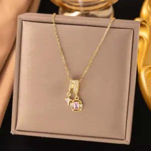 Wholesale Women’s Quadrilateral Pendant Necklace With Inlay Artificial Rhinestones, 18K Real Gold Plated Copper, Water Plating On Cable Chain