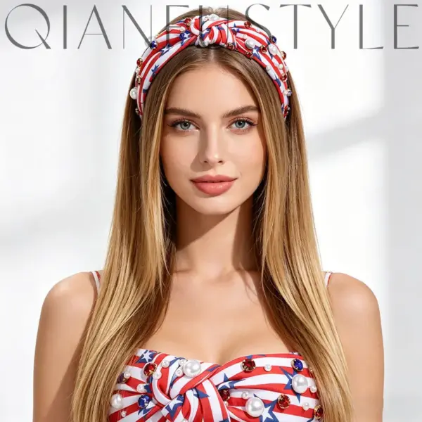 Wholesale American Flag Jewelry Headband For Women In Cloth Material With Rhinestones, Stylish Commute Accessory For Independence Day
