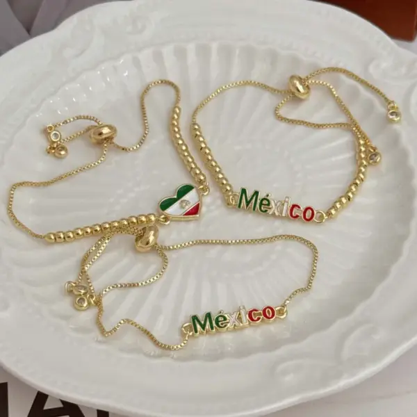 Wholesale Women’s National Flag Beaded Bracelet With Electroplated Copper And 18K Real Gold Plated Ball Chain