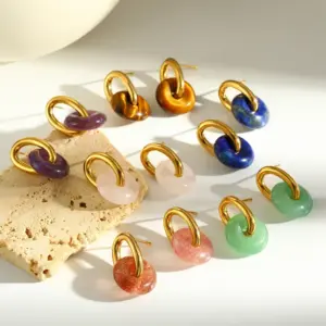 Wholesale Circle Stud Earrings For Women In 18K Gold Plated 304 Stainless Steel With Natural Stone Inlay