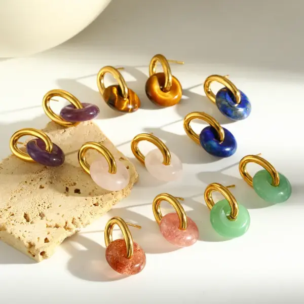 Wholesale Circle Stud Earrings For Women In 18K Gold Plated 304 Stainless Steel With Natural Stone Inlay