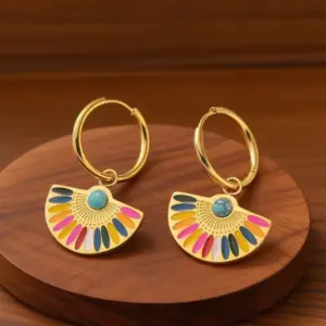 E0147-Painted Fan-Shaped Earrings- Gold