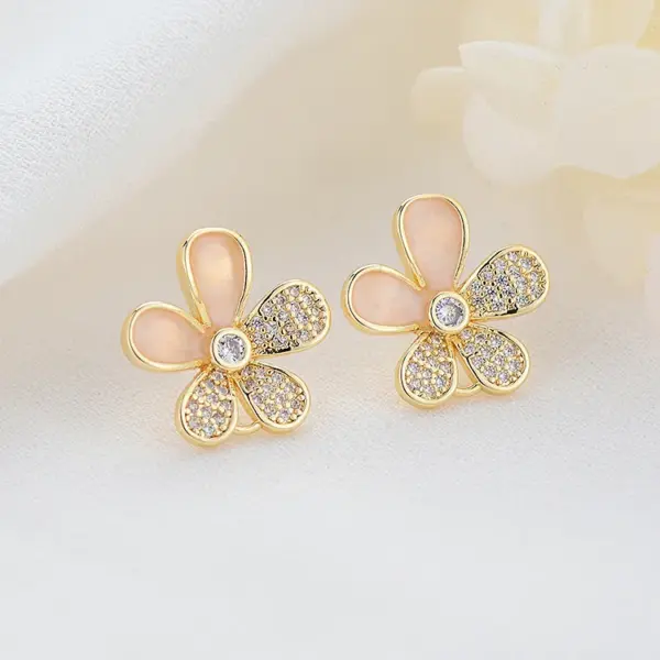 Wholesale Enamel Flowers Stud Earrings In Copper With 14K Real Gold Plated And Rhinestones, Featuring 925 Sterling Silver Ear Pins
