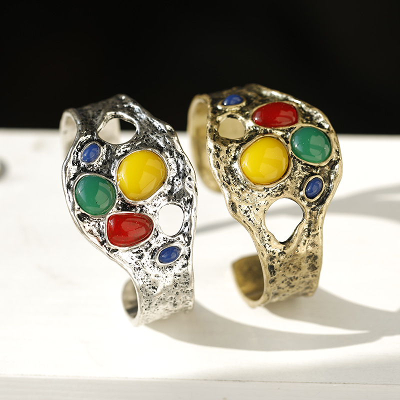 Wholesale European and American Style Retro Personalized Diamond-encrusted Color Irregular Exaggerated Three-dimensional Wide Bracelet Personalized Ge