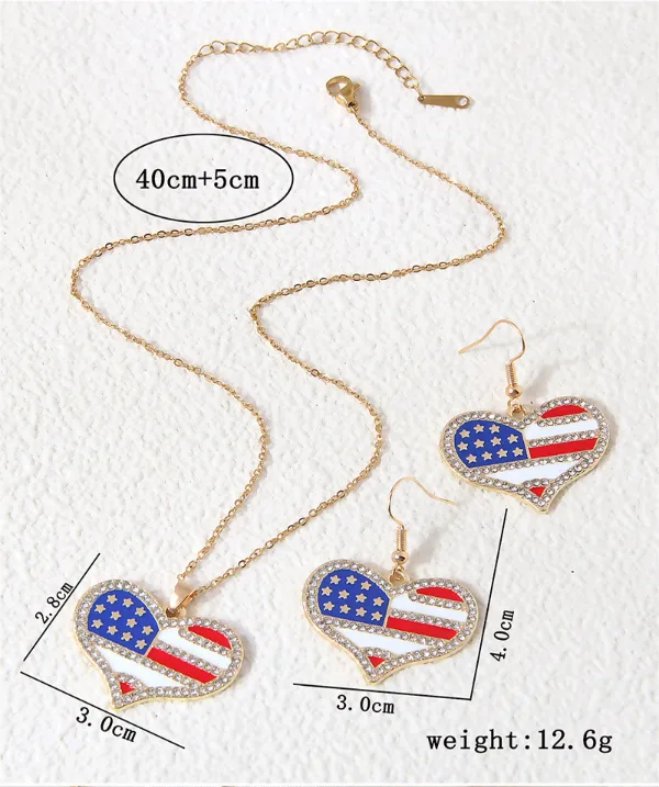 Wholesale Fashionable American Flag Heart Pendant Jewelry Set For Women Elegant Zinc Alloy Rhinestone Earrings Necklace And Bracelet