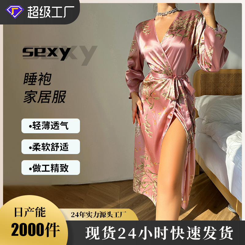 Wholesale European and American Sexy Pajamas Thin Strap Nightgown Cardigan Printed Spring and Summer Silk Long Sleeve Ice Silk Women's Home Clothes