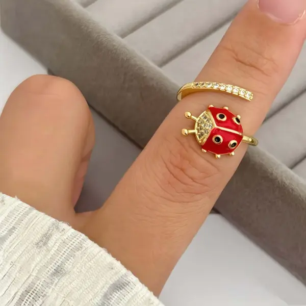 Wholesale Jewelry Casual Cute Romantic Ladybugs Copper Zircon 18K Gold Plated Open Rings
