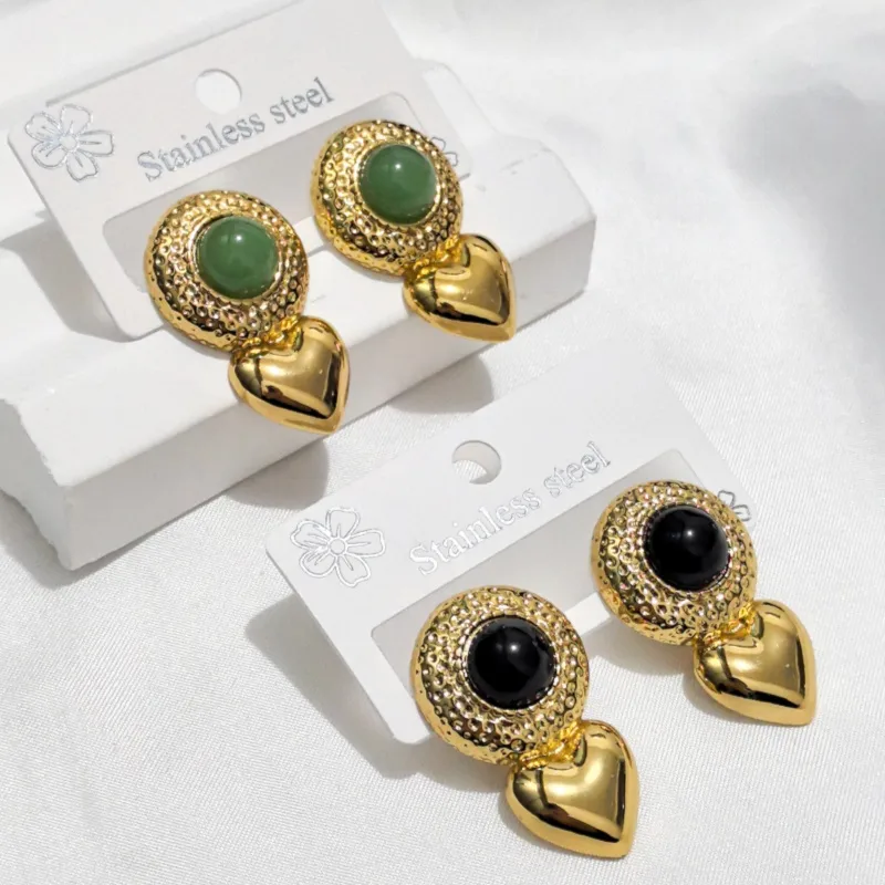 Wholesale Earrings Studs Cat's Eye Stone Heart Cast Earrings Titanium Steel Earrings For Banquet Fashion Show