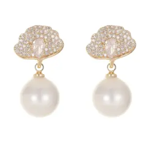 Wholesale Ginkgo Leaf Stud Earrings For Women With 925 Sterling Silver Posts, Copper Base, 14K Gold Electroplated, Zircon Inlay