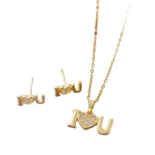 Wholesale Love Jewelry Set For Women Featuring Inlay Artificial Rhinestones With 18K Real Gold Plated Copper And Water Plating On Cable Chain