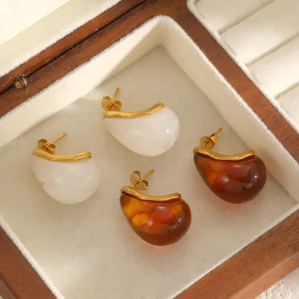 Wholesale Water Droplets Stud Earrings For Women In 304 Stainless Steel Featuring Hypoallergenic Design With 18K Real Gold Plated And Resin Inlay