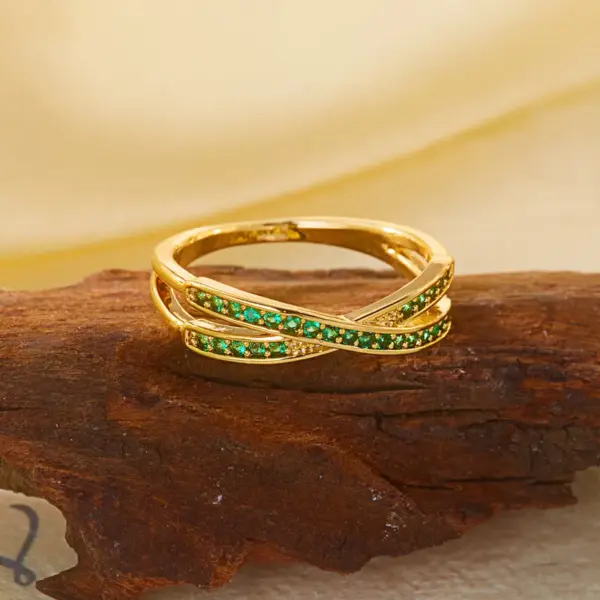 Wholesale Women’s Crossover Rings With Zircon Inlay, Copper Base Featuring KC Golden Water Plated Bezel Setting