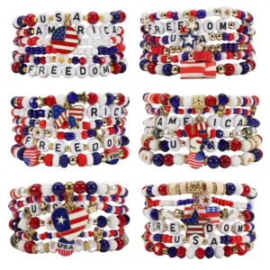 Wholesale 75th National Day Bracelet American Flag Beaded Bracelet Patriotic Veterans Day Geometric Adjustable Buckle Unisex