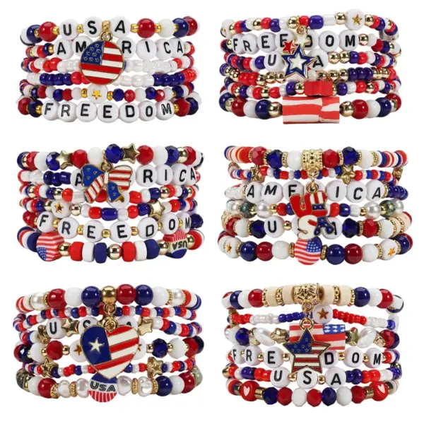 Wholesale 75th National Day Bracelet American Flag Beaded Bracelet Patriotic Veterans Day Geometric Adjustable Buckle Unisex