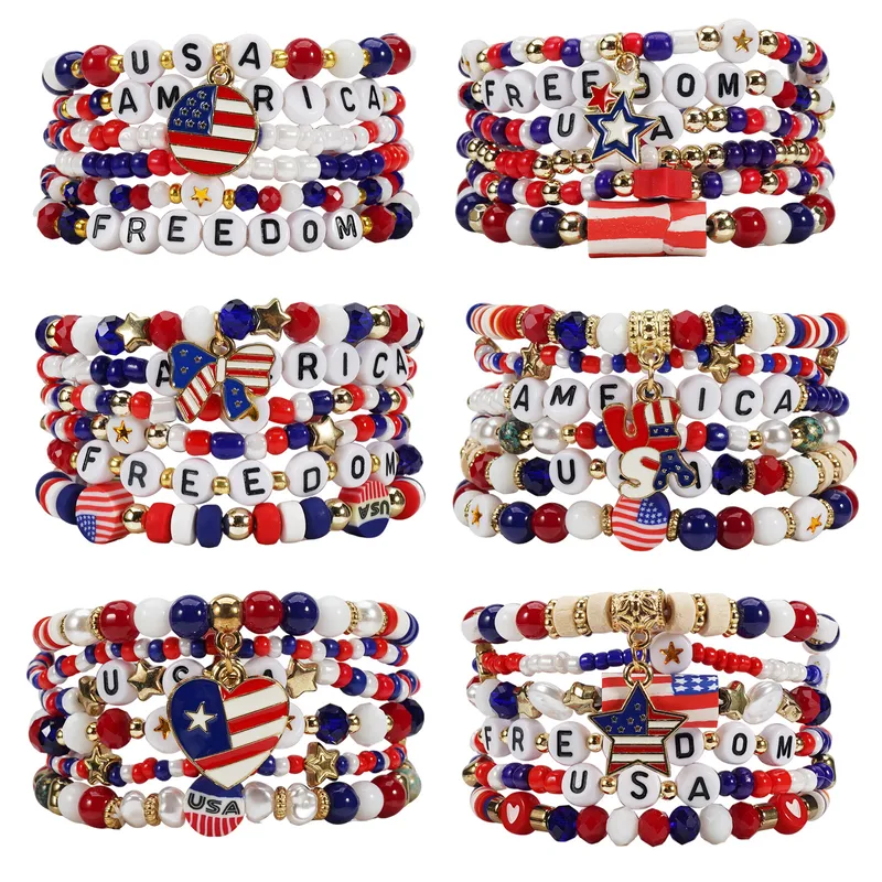Wholesale 75th National Day Bracelet American Flag Beaded Bracelet Patriotic Veterans Day Geometric Adjustable Buckle Unisex
