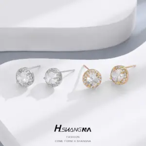 Wholesale Round Stud Earrings For Women With 925 Sterling Silver Posts, Copper Base, And 14K Real Gold Plated Featuring Zircon Inlay