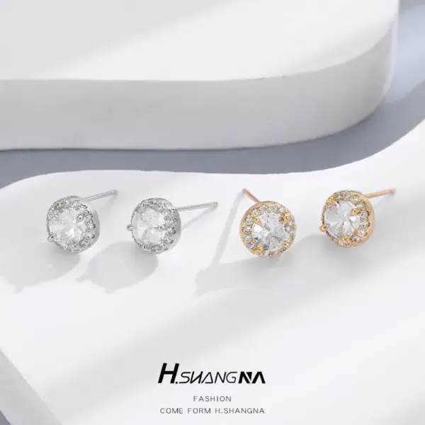 Wholesale Round Stud Earrings For Women With 925 Sterling Silver Posts, Copper Base, And 14K Real Gold Plated Featuring Zircon Inlay