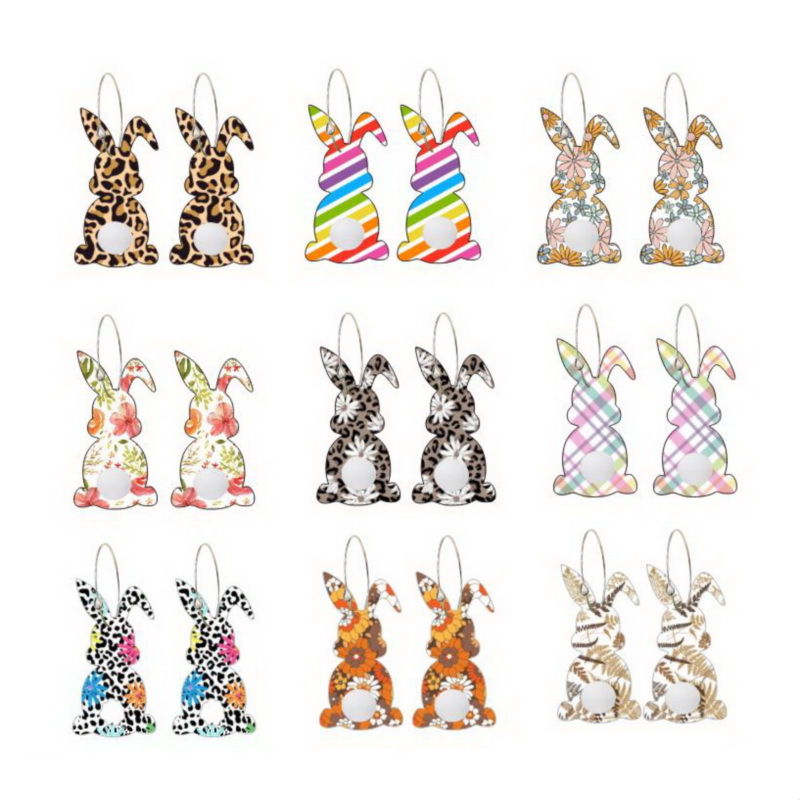 Wholesale 2023 New Easter European and American Cute Printed Spring Flower Leopard Print Egg Pom-Pom Tail Rabbit Earrings