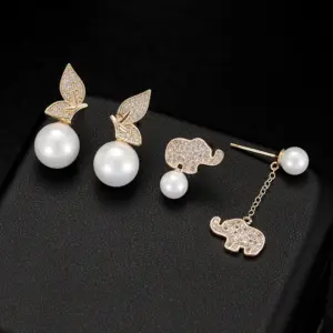 Wholesale Elephant Stud Earrings With Tassel Craft, Electroplated Copper And Zircon Inlay, Featuring 925 Sterling Silver Ear Pins