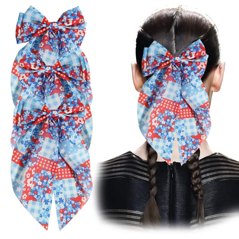 Wholesale Flag Print Chiffon Hair Clip Bow Hairband Hair Clip Back Of Head Hair Accessory Independence Day Women's Hair Clip