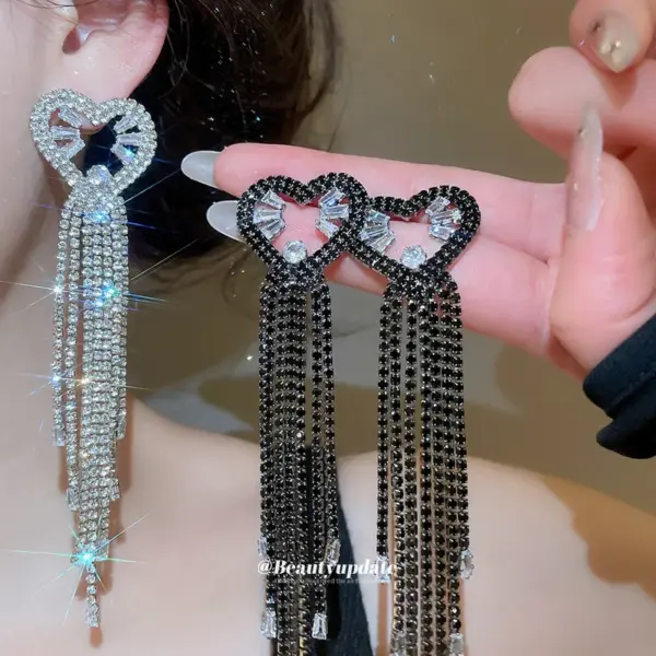 Wholesale Heart Shape Stud Earrings For Women Featuring Silver Copper Tassel Design With Rhinestones And 304 Stainless Steel Posts