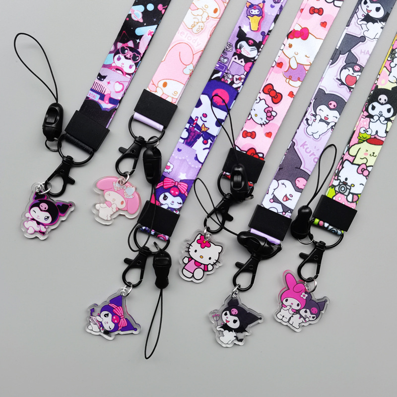 Wholesale Mobile Phone Lanyard Cute Cartoon Neck Hanging Pendant Wide Flat Woven Band Card Set Breast Plate Thermal Transfer Sanrio