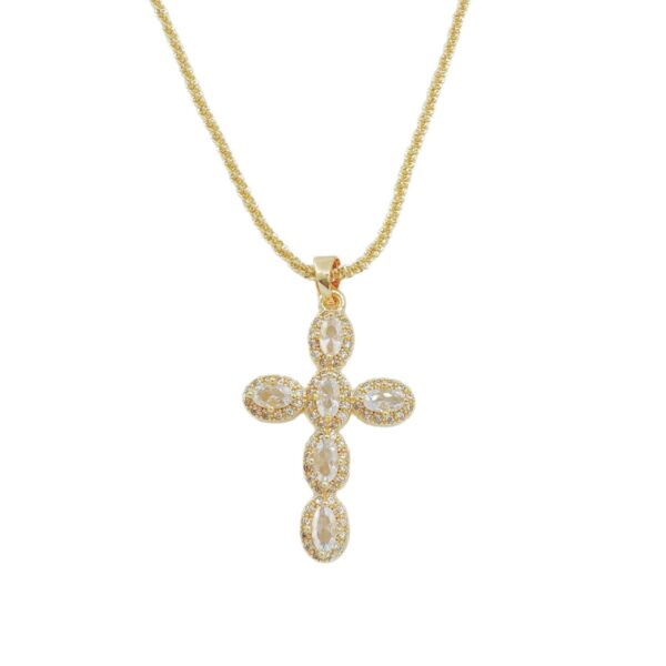 Wholesale Copper necklace with cross pendant, gold-plated copper with micro-set zircon, clavicle chain pendant