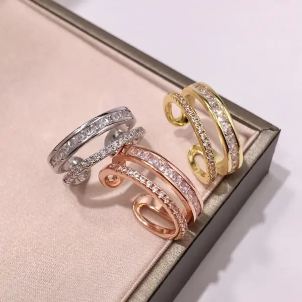 Wholesale Women’s C Shape Open Ring In Brass With 18K Real Gold Plated Water Plating And Zircon Inlay, Featuring Bezel Setting