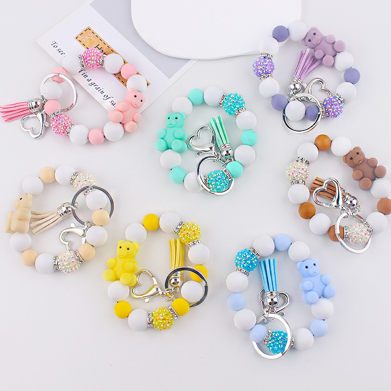 Wholesale New Cartoon Silicone Three-dimensional Bear Beaded Bracelet Keychain Creative DIY Wrist Bracelet Key Ring Accessories