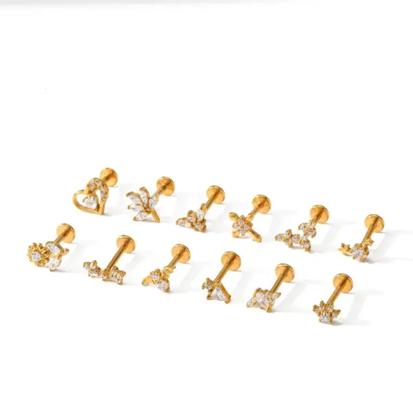 Wholesale 304 Stainless Steel Gold Plated Vacuum Electroplating (In Furnace) Gold Color Zircon Inlaid Heart-shaped Leaf Flower Women's Suitable Ear Cuff